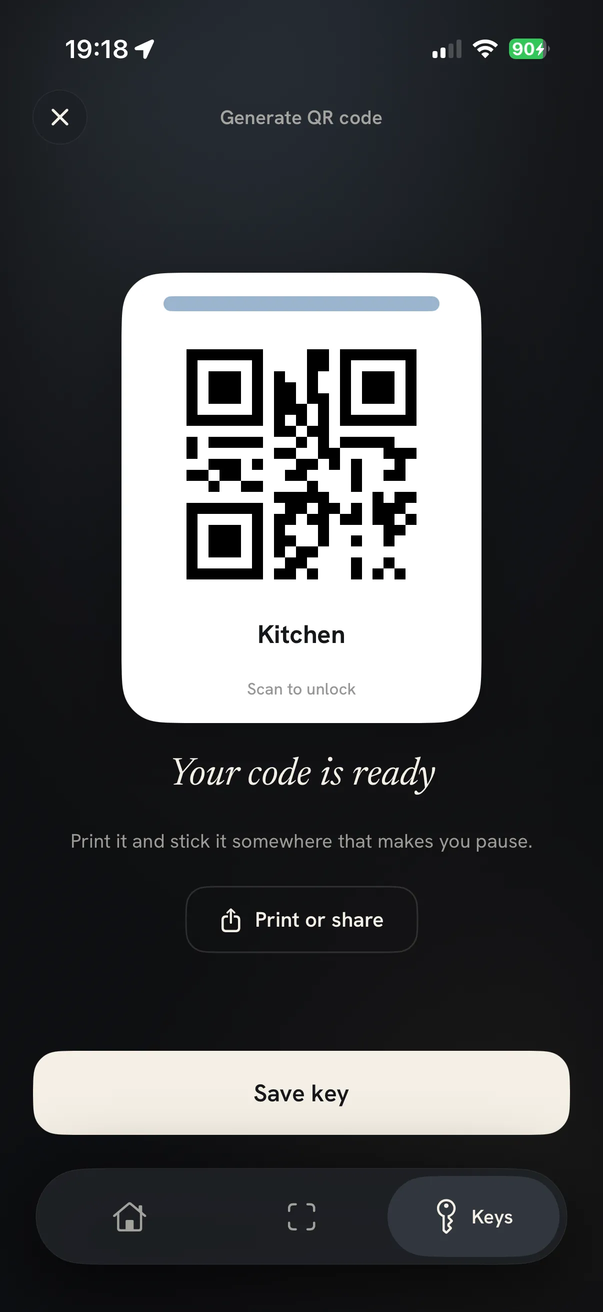 A generated QR code key named Kitchen, ready to print
