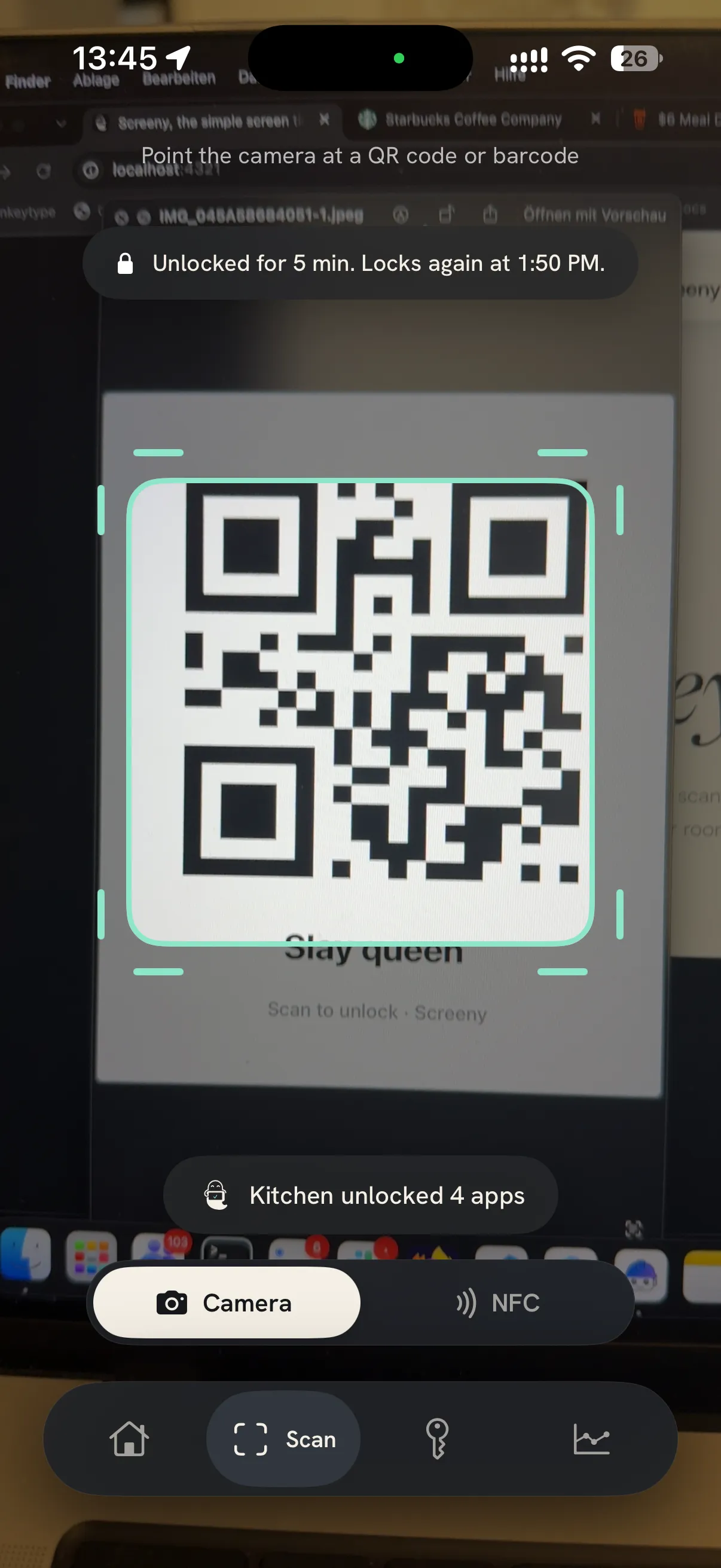 Scanning a printed QR code key with the camera: Kitchen unlocked 4 apps for 5 minutes