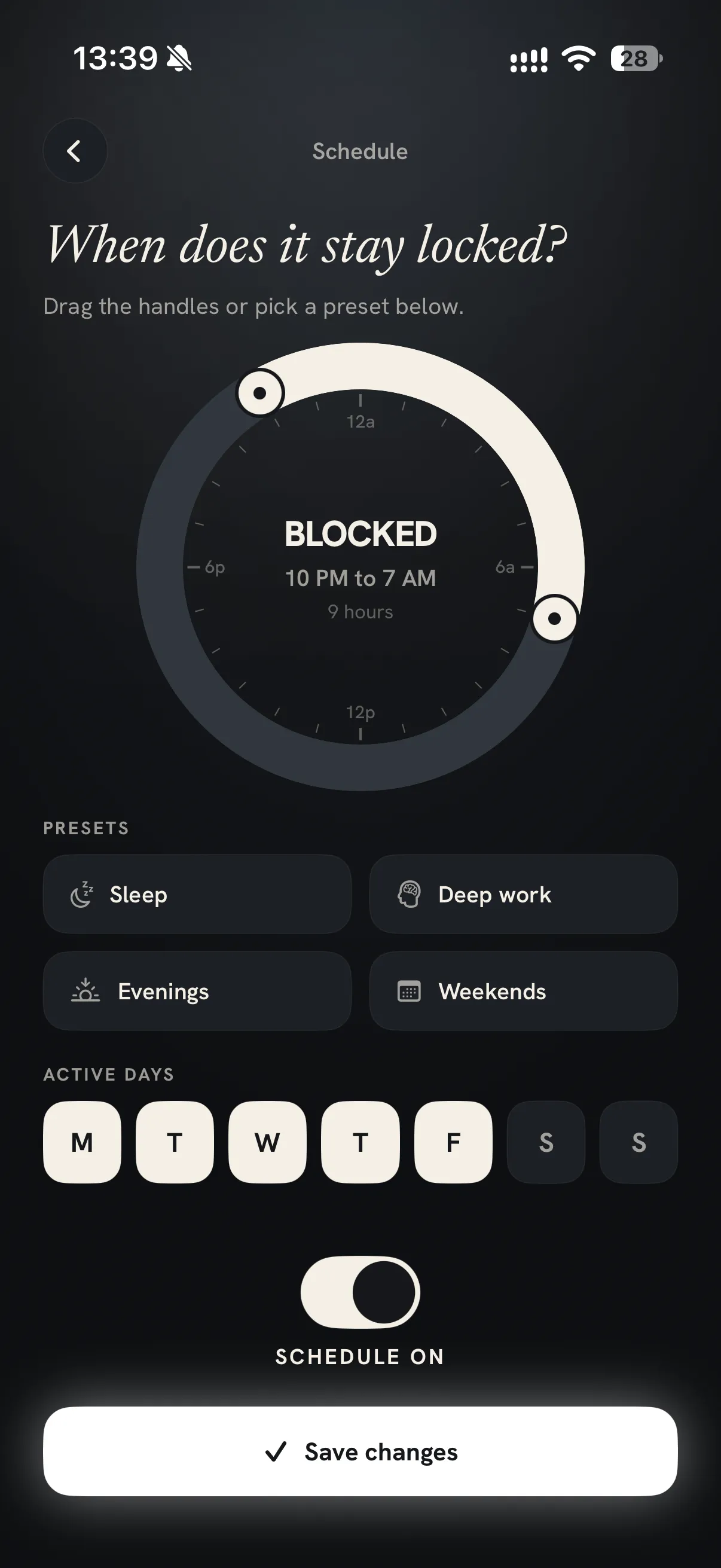 Schedule dial: blocked from 10 PM to 7 AM on weekdays